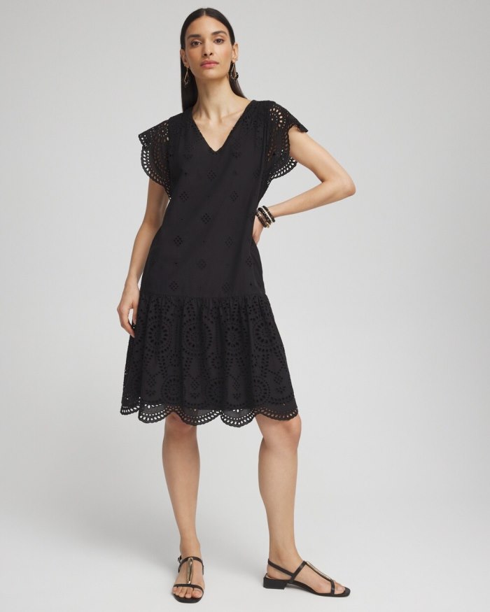 Chicos Eyelet Scallop Hem Dress - Black