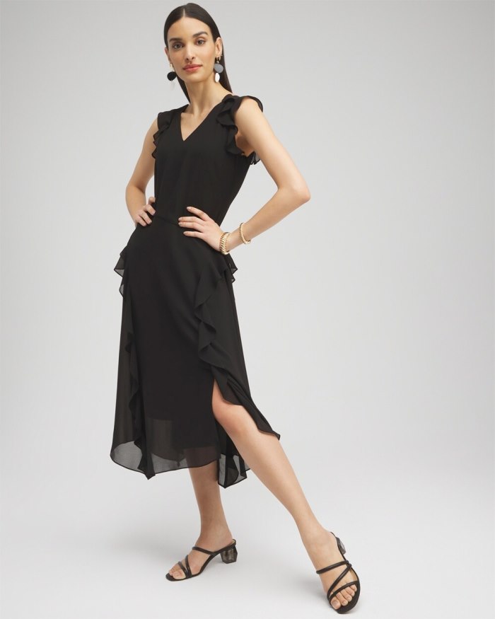 Chicos Chiffon Ruffle Midi Dress - Black