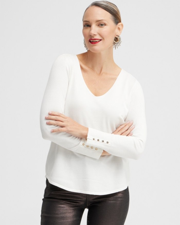 Chicos Button Cuff V-neck Pullover Sweater - Ecru