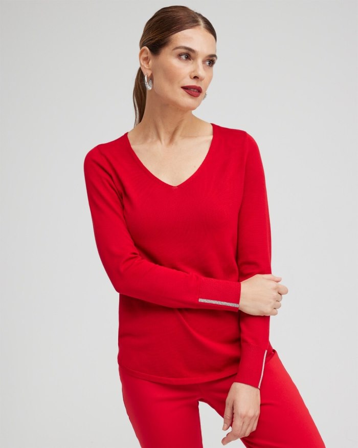Chicos Caviar Trim V-Neck Pullover Sweater - Wild Poppy