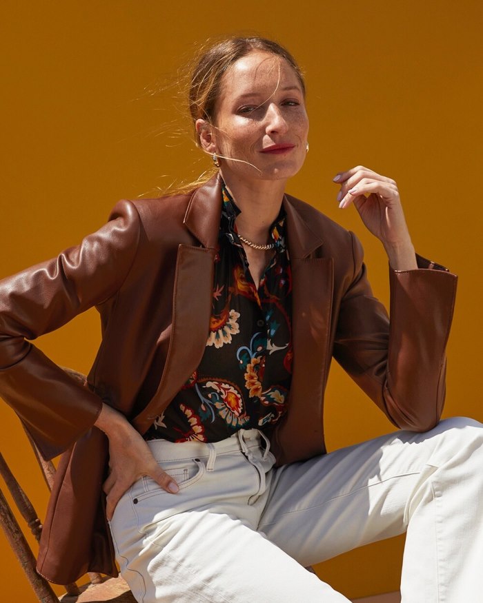 Chicos Faux Leather Blazer - Cambridge Brown