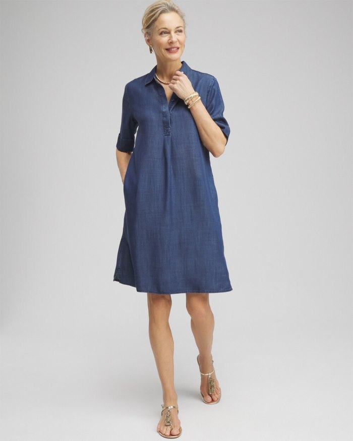 Chicos Elbow Sleeve Popover Shirt Dress - Marina Bay Indigo