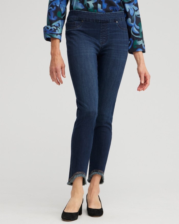Chicos Embellished Tulip Hem Pull-on Jeggings - Rainier Rinse Indigo