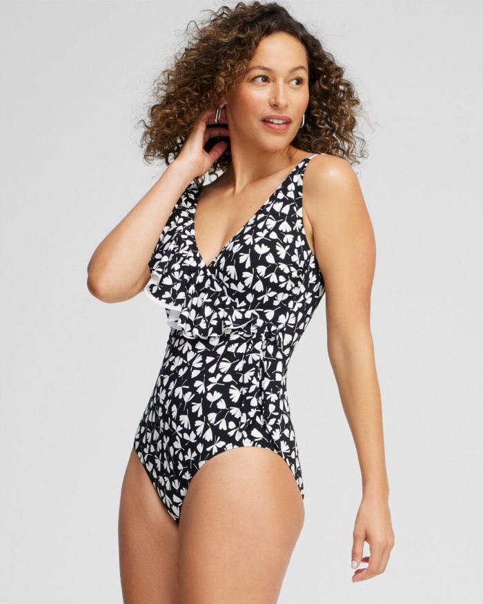 Chicos Gottex Ruffle Shoulder One Piece Swimsuit - Black/White