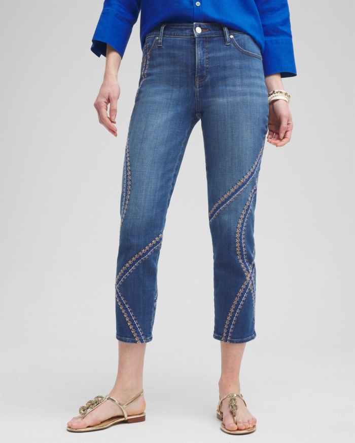 Chicos Girlfriend Embroidered Cropped Jeans - Corfu Indigo