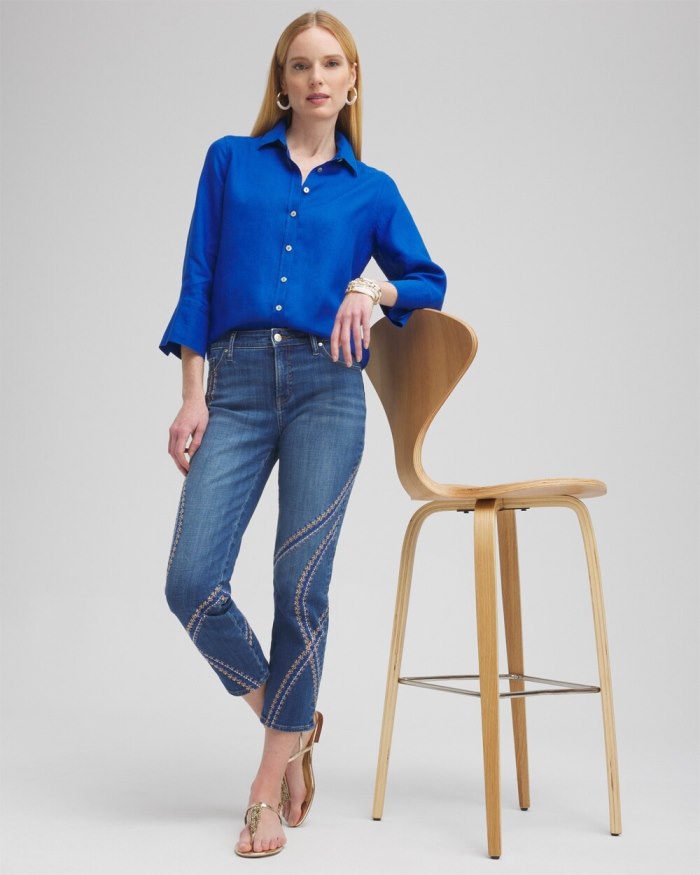Chicos Girlfriend Embroidered Cropped Jeans - Corfu Indigo