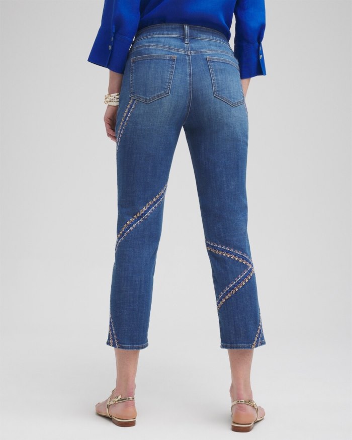 Chicos Girlfriend Embroidered Cropped Jeans - Corfu Indigo