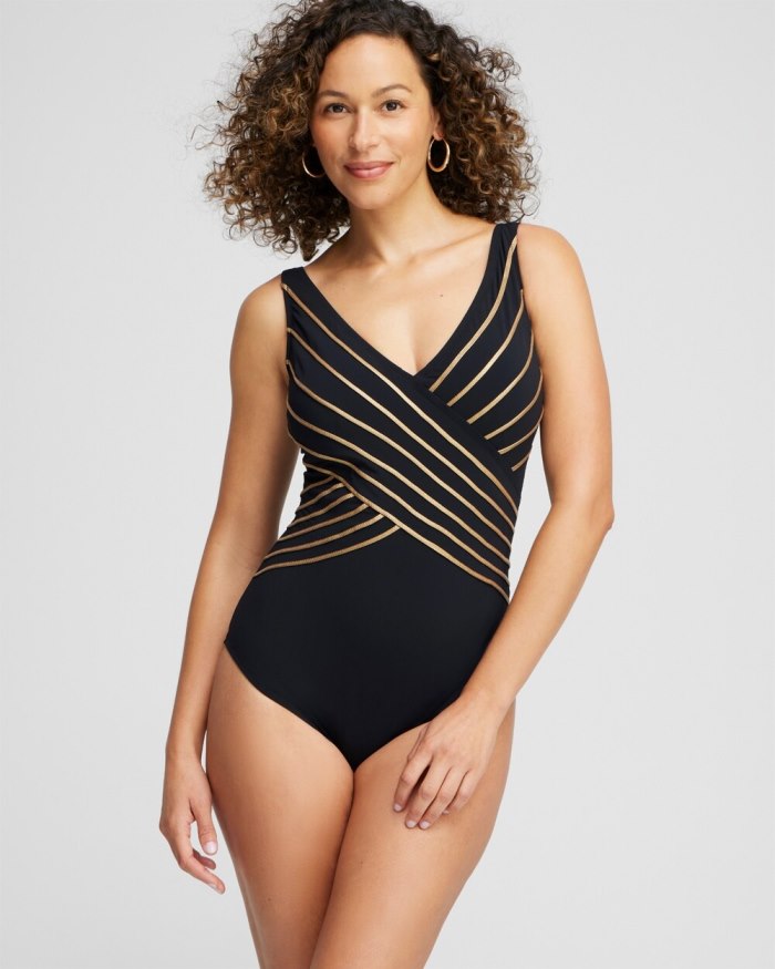 Chicos Gottex V-neck One Piece Swimsuit - Black/Gold