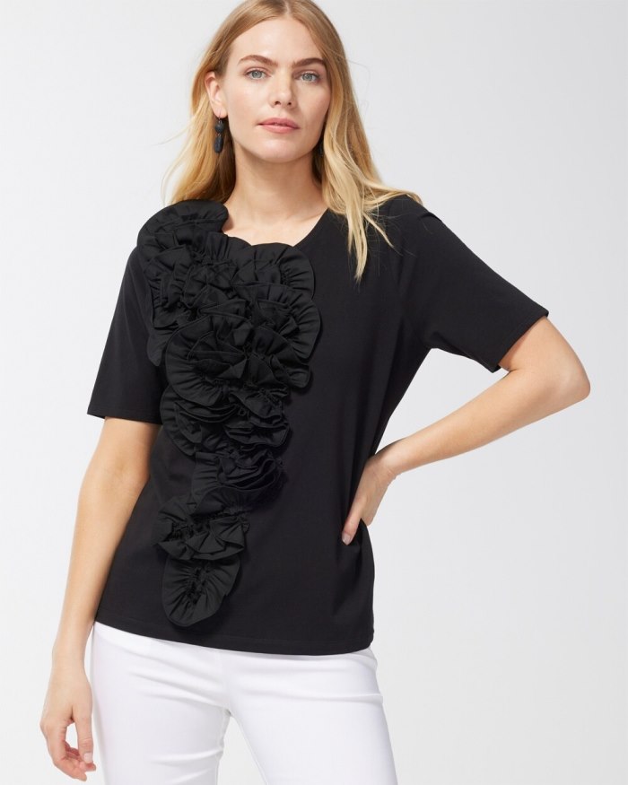 Chicos 3D Floral Applique Ruffle Tee - Black