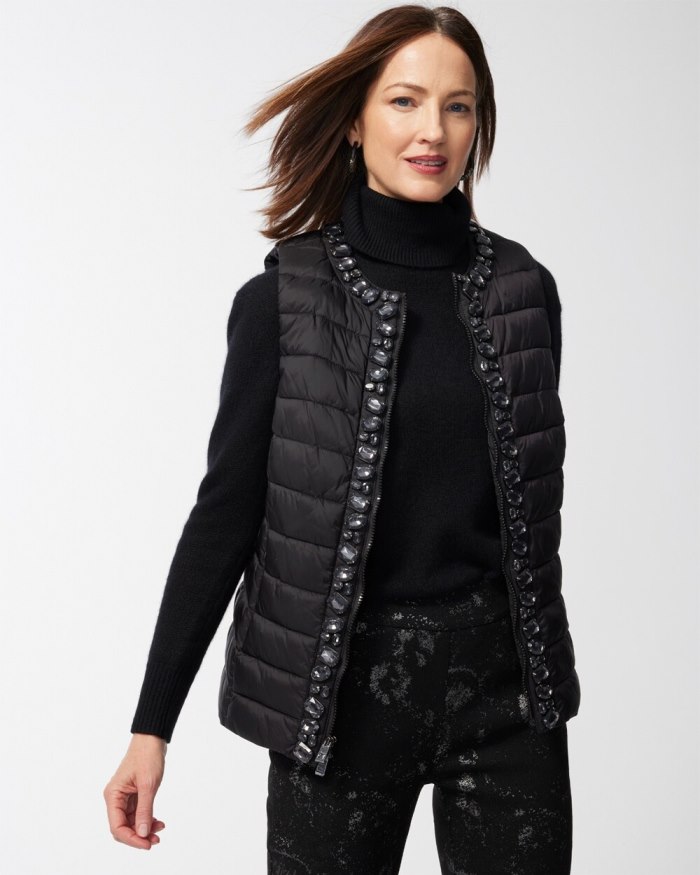 Chicos Embellished Puffer Vest - Black
