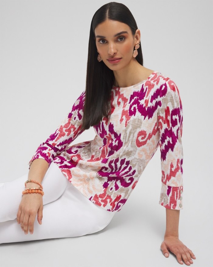Chicos Ikat 3/4 Sleeve Button Tee - Fresh Plum