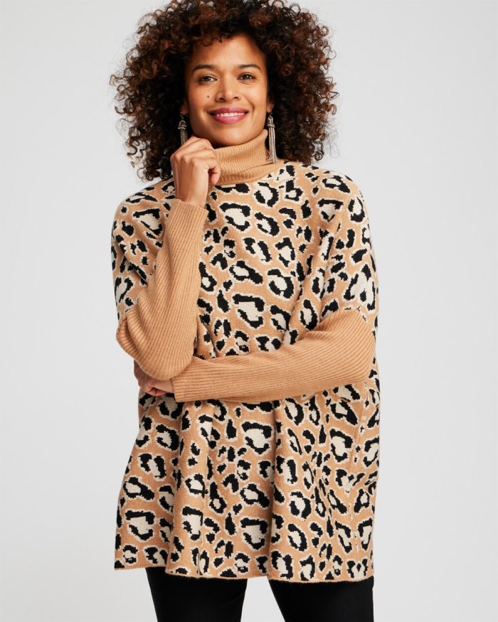 Chicos Animal Print Turtleneck Pullover Sweater - Camel