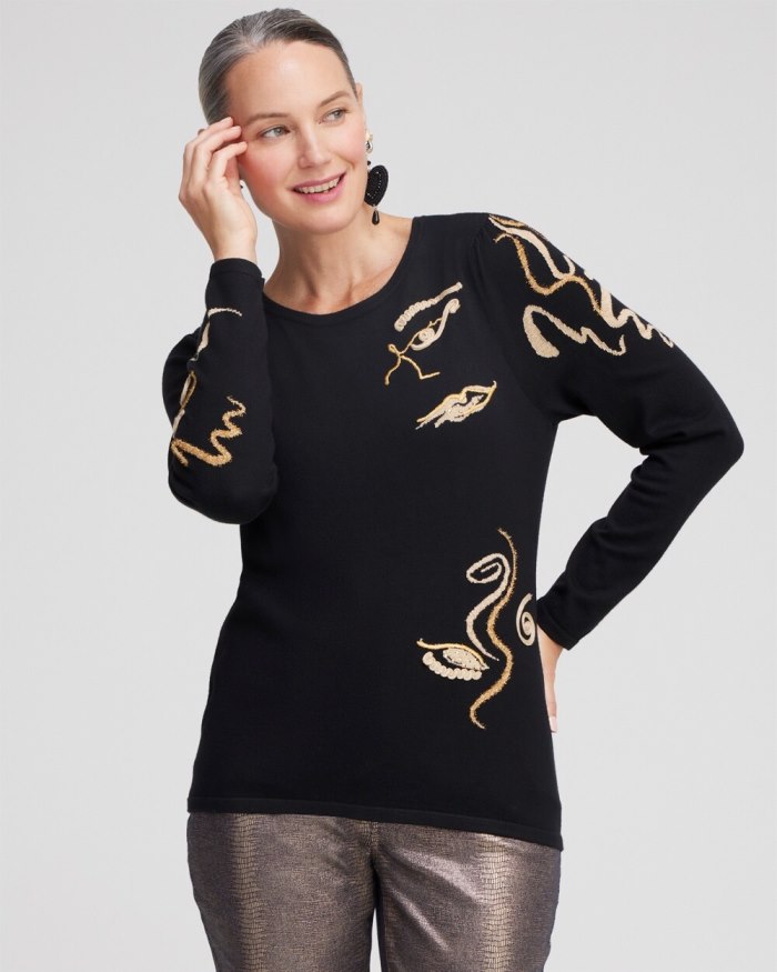 Chicos Abstract Print Eyelash Pullover Sweater - Black