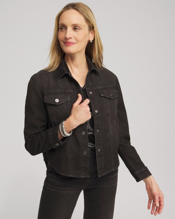 Chicos Cropped Shirttail Denim Jacket - Black Oak Wash