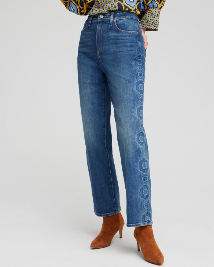 Chicos High Rise Laser Print Straight Jeans - Azula Indigo