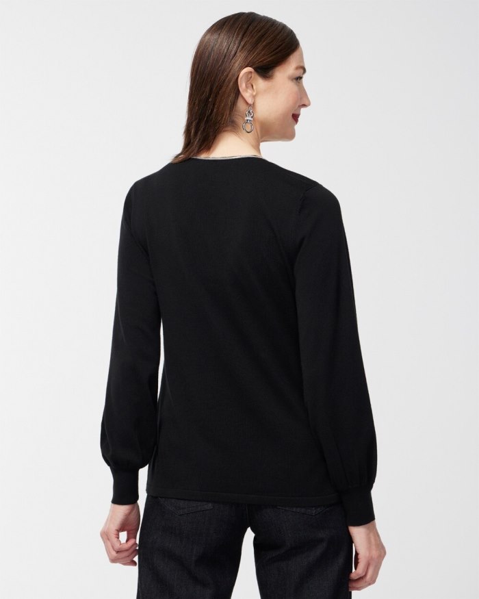 Chicos Caviar Trim V-Neck Pullover Sweater - Cobalt Night
