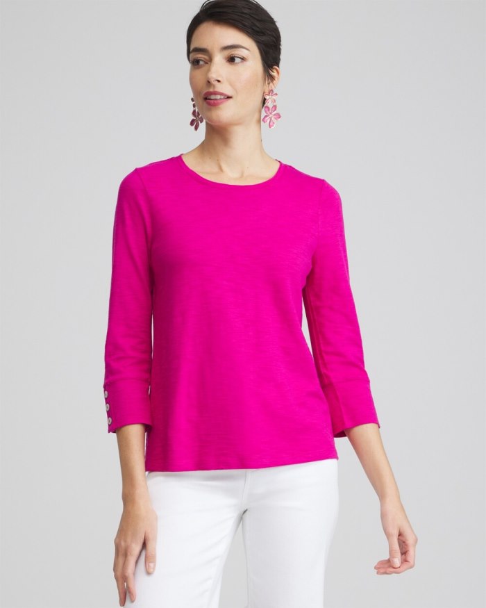 Chicos 3/4 Sleeve Button Tee - Magenta Rose