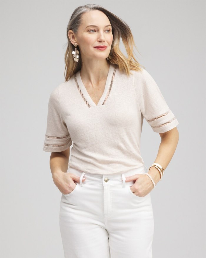 Chicos Linen Ladder Lace Tee - Smokey Taupe