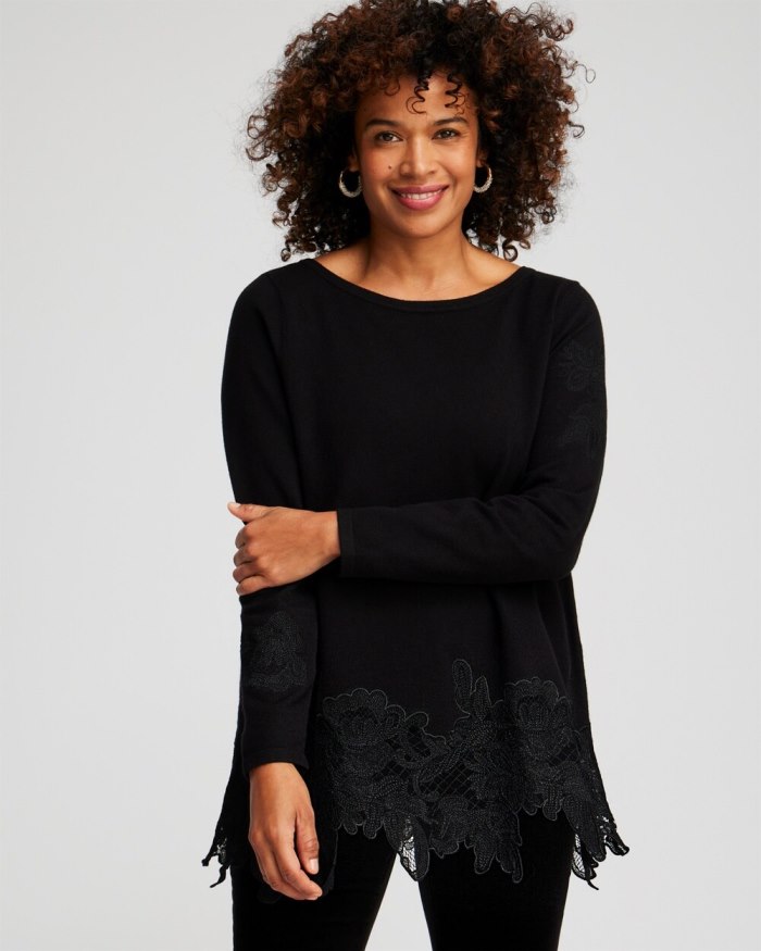 Chicos Cashmere Blend Lace Hem Pullover Sweater - Black