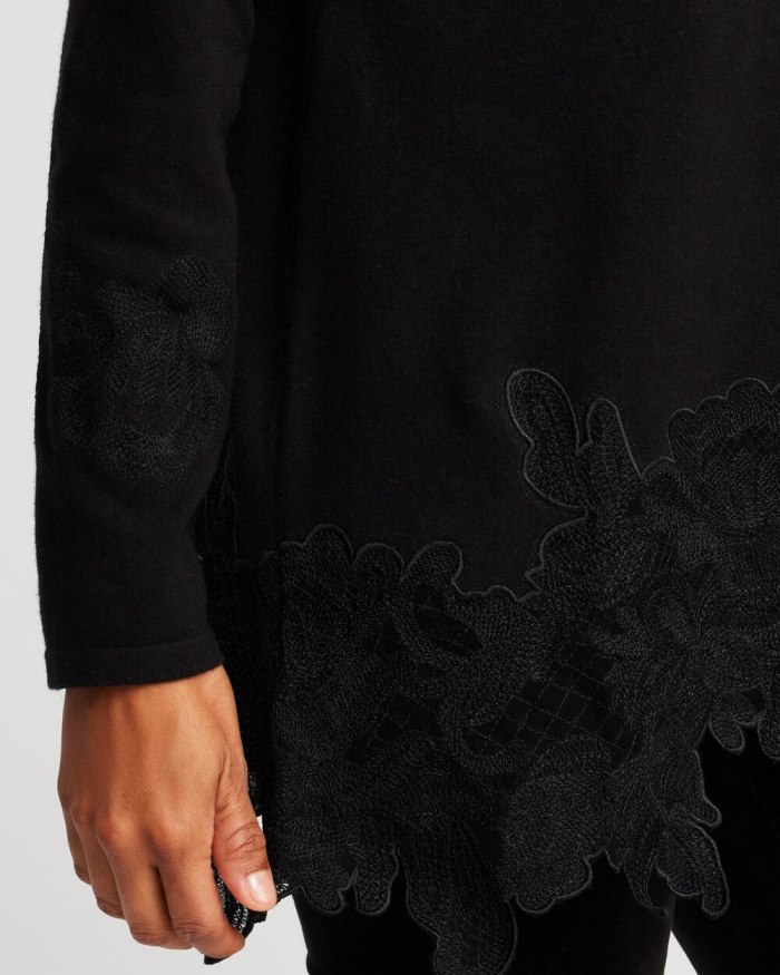 Chicos Cashmere Blend Lace Hem Pullover Sweater - Black