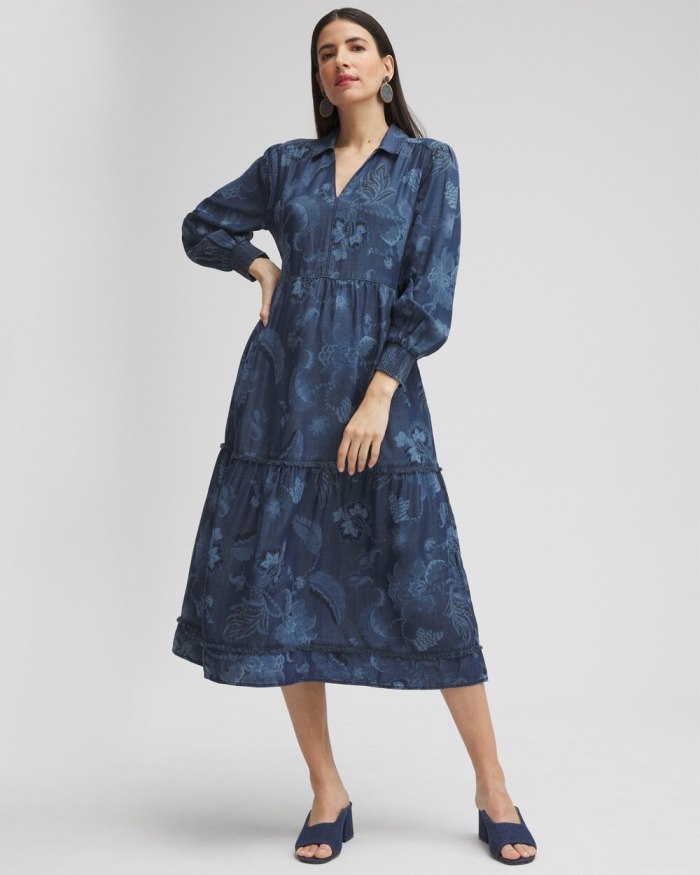 Chicos Chambray Fray Trim Tunic Dress - Denim