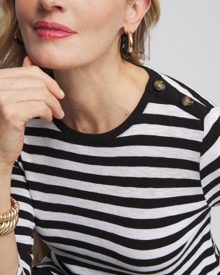 Chicos Stripe Button Trim Ribbed Tunic - Black