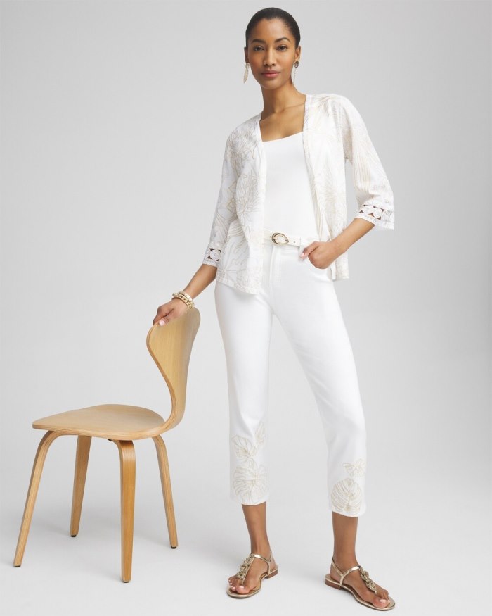 Chicos No Stain Embroidered Girlfriend Crops - Alabaster