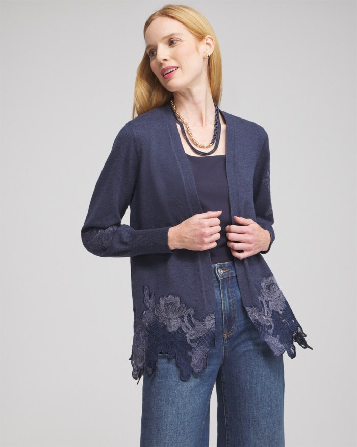 Chicos Cashmere Blend Lace Hem Cardigan - Dark Denim Heather